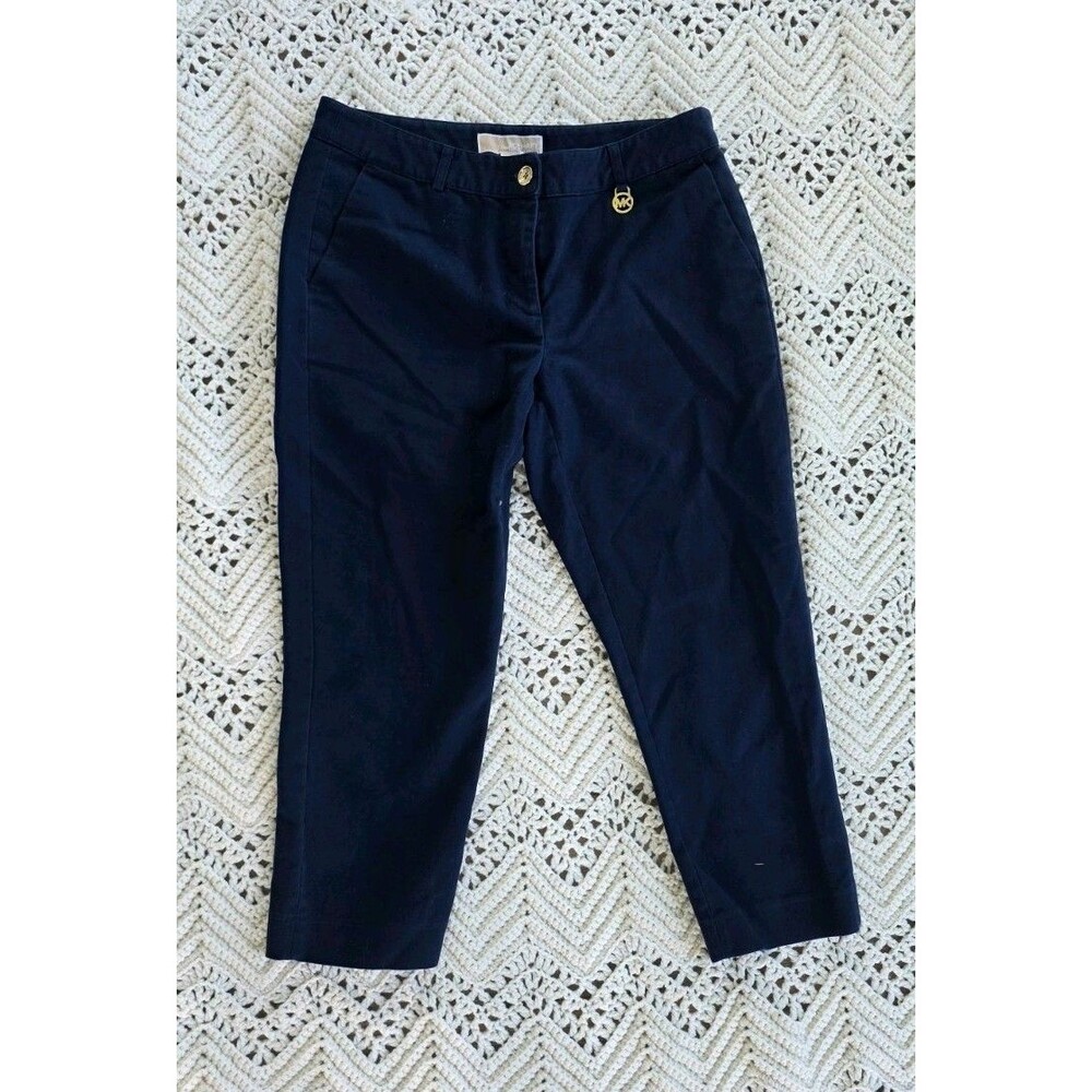 Michael Michael Kors Womens Size 6 Navy Blue Cropped Capri Pants Gold Logo